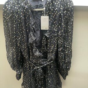 Zimmermann Navy Sheer Dress with Gold Metallic Dot Print